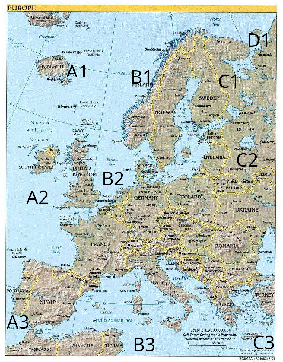 map of Europe with many strange problems and annotations for sections made by latitude and longitude lines